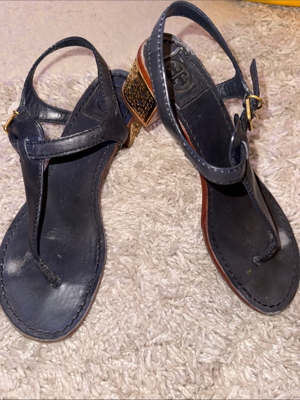 Tory Burch Navy Leather T-Strap Sandals with Gold Logo Block Heel